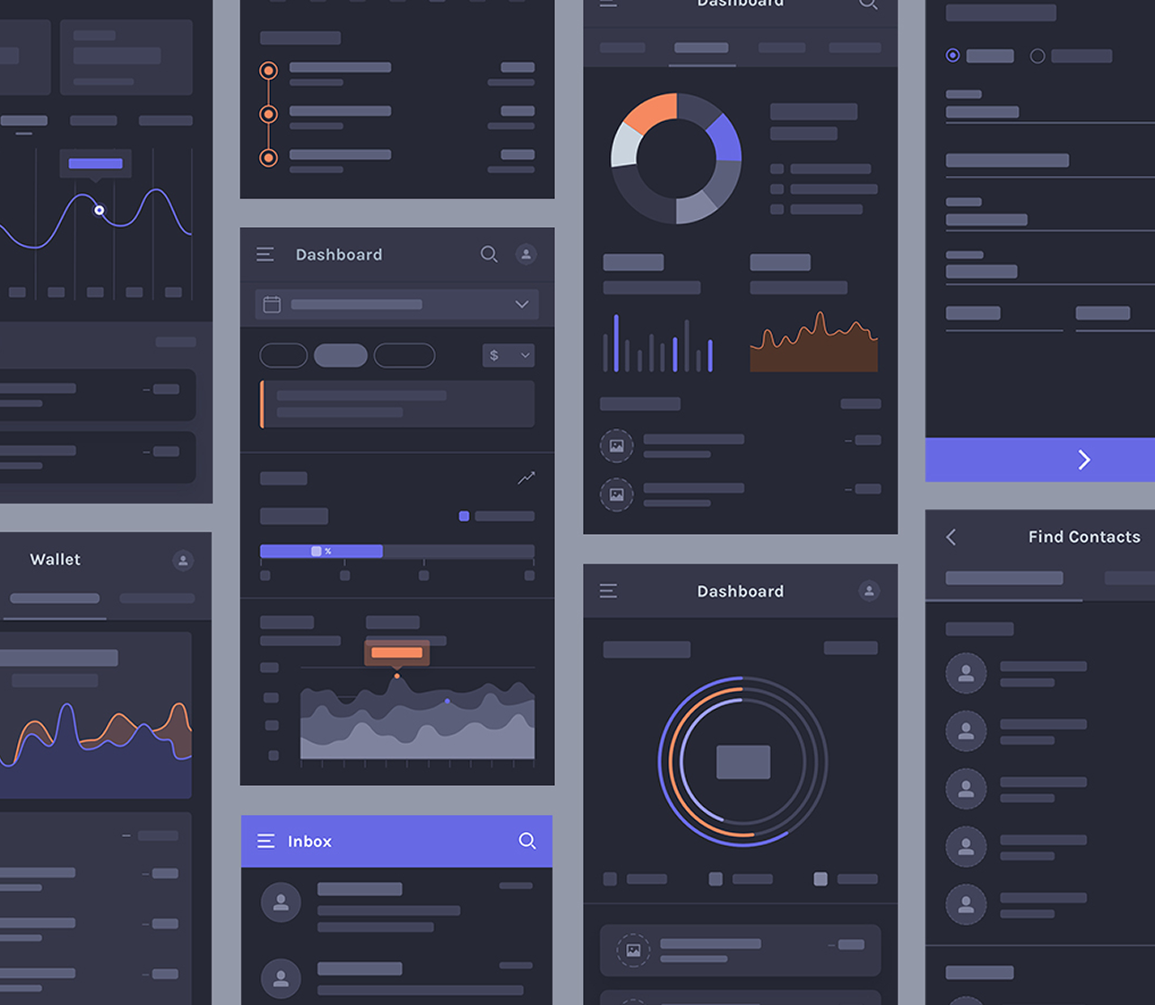A design-system collage — dashboards, charts, and components
